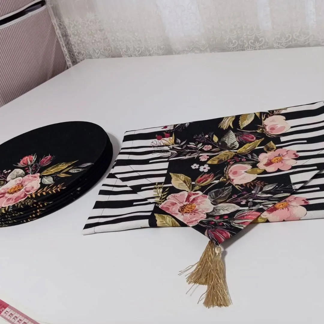 Pembe Çiçek ve Çizgi Desenli Lüks Supla ve Runner Takımı